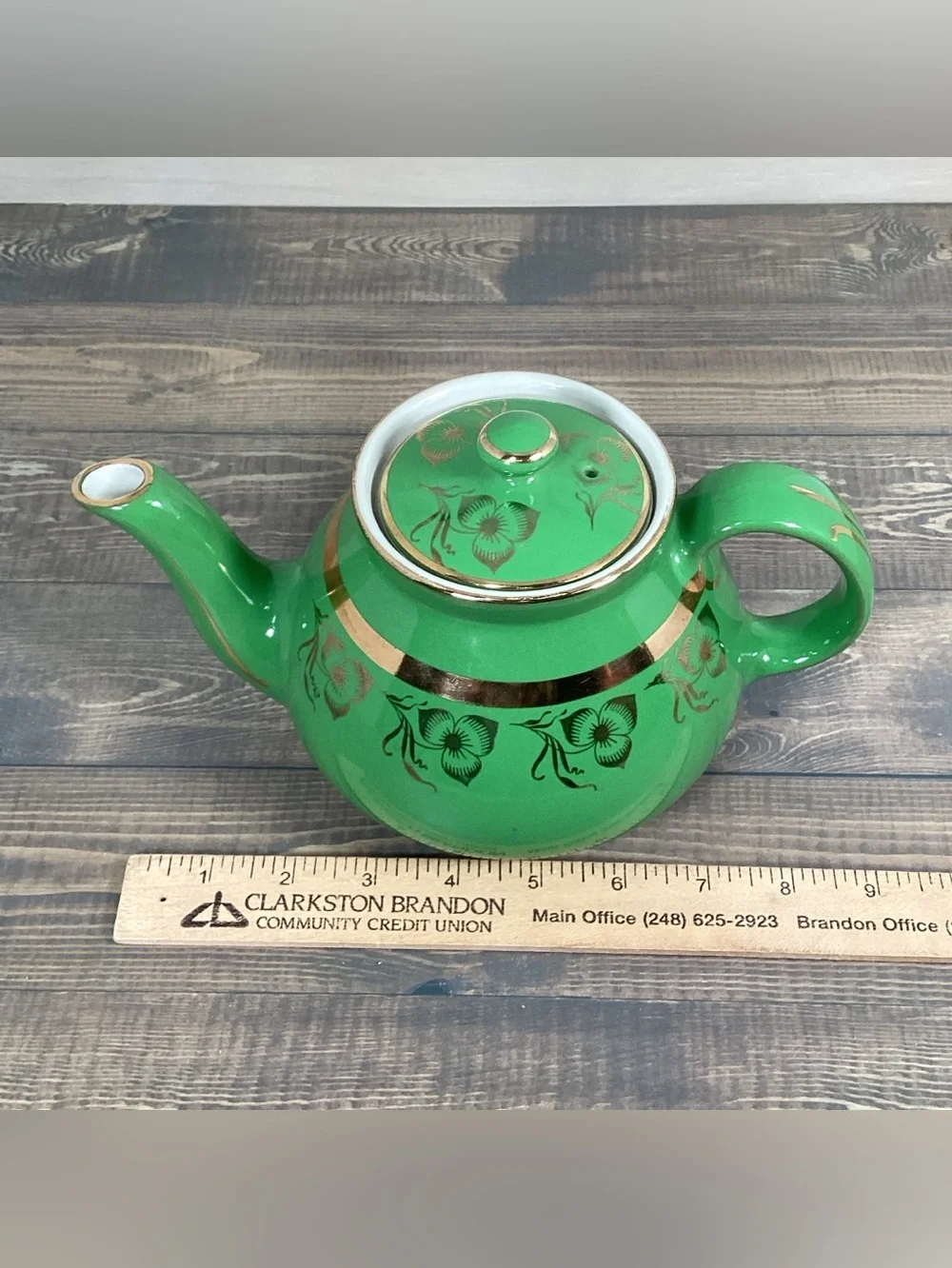 Vintage Hall China Pottery 6 Cup Teapot 032 Emerald Green & Gold 5.5x9